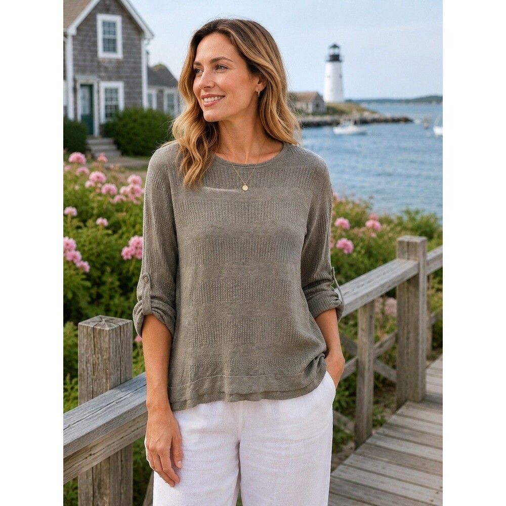 MAX STUDIO Linen Sweater Long Sleeve Round Neck Button Back Roll Tab Size M Top